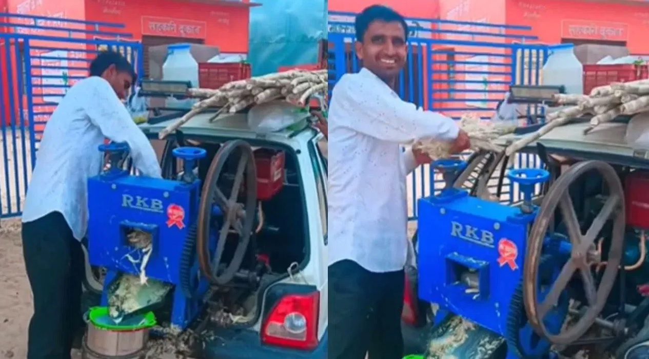 కారులోనే చెరుకు బండి..!